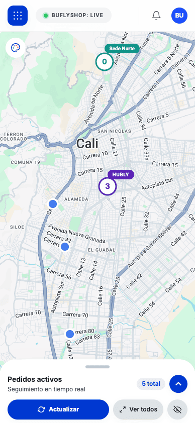 Vista móvil de hubly: mapa de Cali con sedes y mensajeros en tiempo real