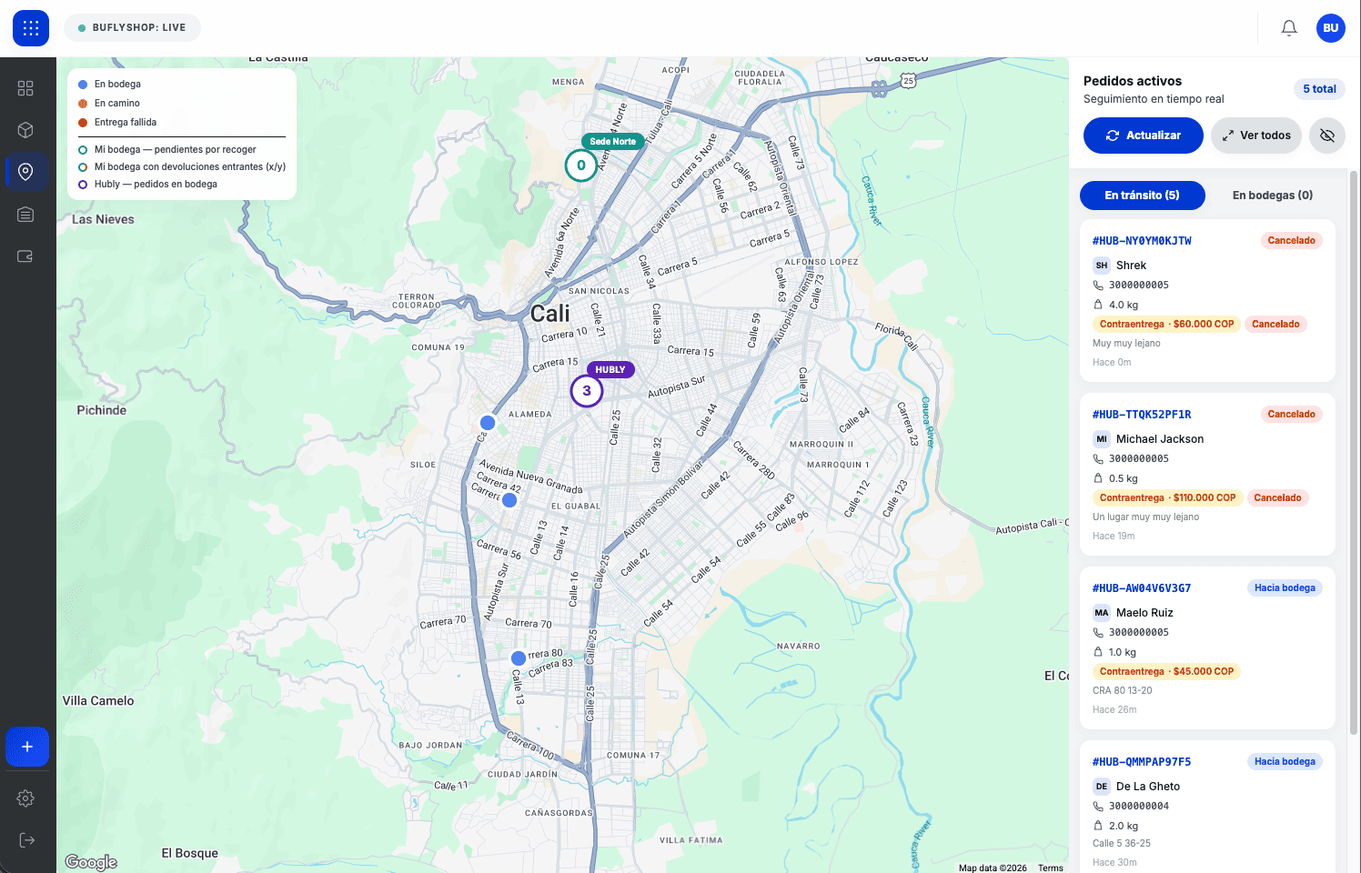 Panel web de hubly: pedidos activos, mensajeros en mapa y seguimiento en tiempo real